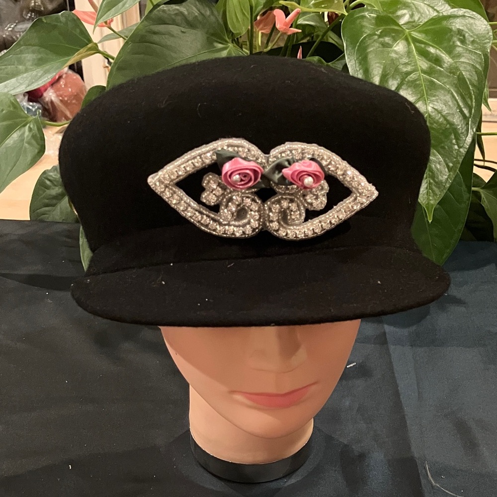 Elegant Black WoolHat with Pink Rose and Silver Rhinestone Beaded Embellishments